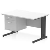 Impulse 1200 x 800mm Scalloped Edge Straight Office Desk White Top Black Cable Managed Leg Workstation 1 x 2 Drawer Fixed Pedestal