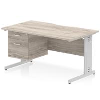 Impulse 1400 x 800mm Scalloped Edge Straight Office Desk Grey Oak Top Silver Cable Managed Leg Workstation 1 x 2 Drawer Fixed Pedestal