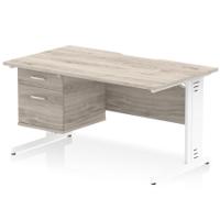 Impulse 1400 x 800mm Scalloped Edge Straight Office Desk Grey Oak Top White Cable Managed Leg Workstation 1 x 2 Drawer Fixed Pedestal