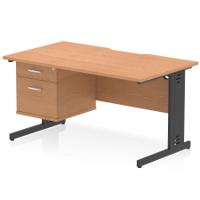 Impulse 1400 x 800mm Scalloped Edge Straight Office Desk Oak Top Black Cable Managed Leg Workstation 1 x 2 Drawer Fixed Pedestal