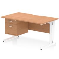 Impulse 1400 x 800mm Scalloped Edge Straight Office Desk Oak Top White Cable Managed Leg Workstation 1 x 2 Drawer Fixed Pedestal