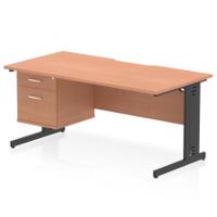 Impulse 1600 x 800mm Scalloped Edge Straight Office Desk Beech Top Black Cable Managed Leg Workstation 1 x 2 Drawer Fixed Pedestal