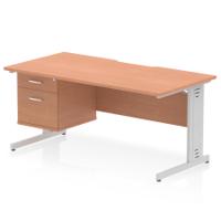 Impulse 1600 x 800mm Scalloped Edge Straight Office Desk Beech Top Silver Cable Managed Leg Workstation 1 x 2 Drawer Fixed Pedestal