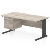 Impulse 1600 x 800mm Scalloped Edge Straight Office Desk Grey Oak Top Black Cable Managed Leg Workstation 1 x 2 Drawer Fixed Pedestal