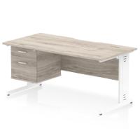 Impulse 1600 x 800mm Scalloped Edge Straight Office Desk Grey Oak Top White Cable Managed Leg Workstation 1 x 2 Drawer Fixed Pedestal