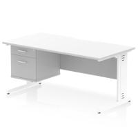 Impulse 1600 x 800mm Scalloped Edge Straight Office Desk White Top White Cable Managed Leg Workstation 1 x 2 Drawer Fixed Pedestal