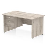 Impulse 1400 x 800mm Scalloped Edge Straight Office Desk Grey Oak Top Panel End Leg Workstation 1 x 2 Drawer Fixed Pedestal