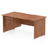 Impulse 1600 x 800mm Scalloped Edge Straight Office Desk Walnut Top Panel End Leg Workstation 1 x 2 Drawer Fixed Pedestal