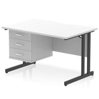 Impulse 1200 x 800mm Scalloped Edge Straight Office Desk White Top Black Cantilever Leg Workstation 1 x 3 Drawer Fixed Pedestal