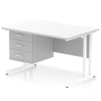 Impulse 1200 x 800mm Scalloped Edge Straight Office Desk White Top White Cantilever Leg Workstation 1 x 3 Drawer Fixed Pedestal