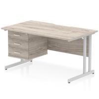 Impulse 1400 x 800mm Scalloped Edge Straight Office Desk Grey Oak Top Silver Cantilever Leg Workstation 1 x 3 Drawer Fixed Pedestal