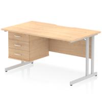 Impulse 1400 x 800mm Scalloped Edge Straight Office Desk Maple Top Silver Cantilever Leg Workstation 1 x 3 Drawer Fixed Pedestal