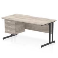 Impulse 1600 x 800mm Scalloped Edge Straight Office Desk Grey Oak Top Black Cantilever Leg Workstation 1 x 3 Drawer Fixed Pedestal