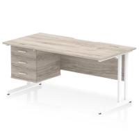 Impulse 1600 x 800mm Scalloped Edge Straight Office Desk Grey Oak Top White Cantilever Leg Workstation 1 x 3 Drawer Fixed Pedestal