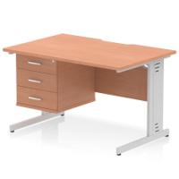 Impulse 1200 x 800mm Scalloped Edge Straight Office Desk Beech Top Silver Cable Managed Leg Workstation 1 x 3 Drawer Fixed Pedestal