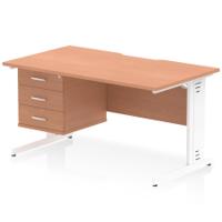 Impulse 1400 x 800mm Scalloped Edge Straight Office Desk Beech Top White Cable Managed Leg Workstation 1 x 3 Drawer Fixed Pedestal