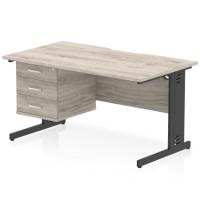 Impulse 1400 x 800mm Scalloped Edge Straight Office Desk Grey Oak Top Black Cable Managed Leg Workstation 1 x 3 Drawer Fixed Pedestal