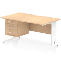 Impulse 1400 x 800mm Scalloped Edge Straight Office Desk Maple Top White Cable Managed Leg Workstation 1 x 3 Drawer Fixed Pedestal