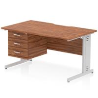 Impulse 1400 x 800mm Scalloped Edge Straight Office Desk Walnut Top Silver Cable Managed Leg Workstation 1 x 3 Drawer Fixed Pedestal