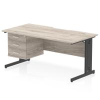 Impulse 1600 x 800mm Scalloped Edge Straight Office Desk Grey Oak Top Black Cable Managed Leg Workstation 1 x 3 Drawer Fixed Pedestal