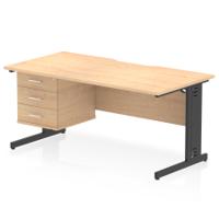 Impulse 1600 x 800mm Scalloped Edge Straight Office Desk Maple Top Black Cable Managed Leg Workstation 1 x 3 Drawer Fixed Pedestal