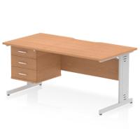 Impulse 1600 x 800mm Scalloped Edge Straight Office Desk Oak Top Silver Cable Managed Leg Workstation 1 x 3 Drawer Fixed Pedestal
