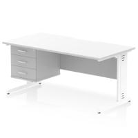 Impulse 1600 x 800mm Scalloped Edge Straight Office Desk White Top White Cable Managed Leg Workstation 1 x 3 Drawer Fixed Pedestal