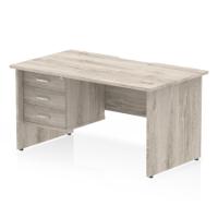 Impulse 1400 x 800mm Scalloped Edge Straight Office Desk Grey Oak Top Panel End Leg Workstation 1 x 3 Drawer Fixed Pedestal