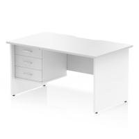 Impulse 1400 x 800mm Scalloped Edge Straight Office Desk White Top Panel End Leg Workstation 1 x 3 Drawer Fixed Pedestal