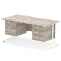 Impulse 1600 x 800mm Scalloped Edge Straight Office Desk Grey Oak Top White Cantilever Leg Workstation 1 x 2 Drawer 1 x 3 Drawer Fixed Pedestal