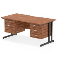 Impulse 1600 x 800mm Scalloped Edge Straight Office Desk Walnut Top Black Cantilever Leg Workstation 1 x 2 Drawer 1 x 3 Drawer Fixed Pedestal