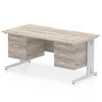 Impulse 1600 x 800mm Scalloped Edge Straight Office Desk Grey Oak Top Silver Cable Managed Leg Workstation 1 x 2 Drawer 1 x 3 Drawer Fixed Pedestal