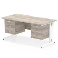 Impulse 1600 x 800mm Scalloped Edge Straight Office Desk Grey Oak Top White Cable Managed Leg Workstation 1 x 2 Drawer 1 x 3 Drawer Fixed Pedestal