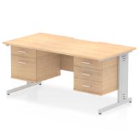 Impulse 1600 x 800mm Scalloped Edge Straight Office Desk Maple Top Silver Cable Managed Leg Workstation 1 x 2 Drawer 1 x 3 Drawer Fixed Pedestal