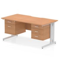 Impulse 1600 x 800mm Scalloped Edge Straight Office Desk Oak Top Silver Cable Managed Leg Workstation 1 x 2 Drawer 1 x 3 Drawer Fixed Pedestal