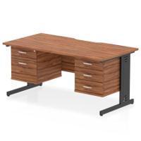 Impulse 1600 x 800mm Scalloped Edge Straight Office Desk Walnut Top Black Cable Managed Leg Workstation 1 x 2 Drawer 1 x 3 Drawer Fixed Pedestal