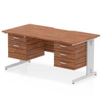 Impulse 1600 x 800mm Scalloped Edge Straight Office Desk Walnut Top Silver Cable Managed Leg Workstation 1 x 2 Drawer 1 x 3 Drawer Fixed Pedestal