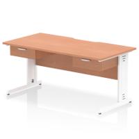 Impulse 1600 x 800mm Scalloped Edge Straight Office Desk Beech Top White Cable Managed Leg Workstation 2 x 1 Drawer Fixed Pedestal