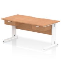 Impulse 1600 x 800mm Scalloped Edge Straight Office Desk Oak Top White Cable Managed Leg Workstation 2 x 1 Drawer Fixed Pedestal