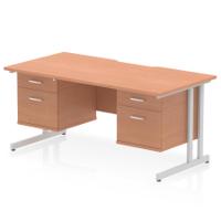 Impulse 1600 x 800mm Scalloped Edge Straight Office Desk Beech Top Silver Cantilever Leg Workstation 2 x 2 Drawer Fixed Pedestal