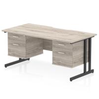 Impulse 1600 x 800mm Scalloped Edge Straight Office Desk Grey Oak Top Black Cantilever Leg Workstation 2 x 2 Drawer Fixed Pedestal