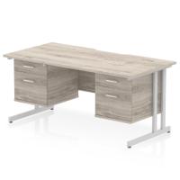 Impulse 1600 x 800mm Scalloped Edge Straight Office Desk Grey Oak Top Silver Cantilever Leg Workstation 2 x 2 Drawer Fixed Pedestal
