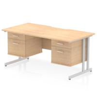 Impulse 1600 x 800mm Scalloped Edge Straight Office Desk Maple Top Silver Cantilever Leg Workstation 2 x 2 Drawer Fixed Pedestal