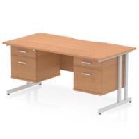 Impulse 1600 x 800mm Scalloped Edge Straight Office Desk Oak Top Silver Cantilever Leg Workstation 2 x 2 Drawer Fixed Pedestal