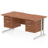 Impulse 1600 x 800mm Scalloped Edge Straight Office Desk Walnut Top Silver Cantilever Leg Workstation 2 x 2 Drawer Fixed Pedestal