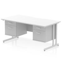 Impulse 1600 x 800mm Scalloped Edge Straight Office Desk White Top Silver Cantilever Leg Workstation 2 x 2 Drawer Fixed Pedestal