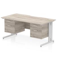 Impulse 1600 x 800mm Scalloped Edge Straight Office Desk Grey Oak Top Silver Cable Managed Leg Workstation 2 x 2 Drawer Fixed Pedestal