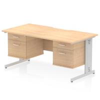 Impulse 1600 x 800mm Scalloped Edge Straight Office Desk Maple Top Silver Cable Managed Leg Workstation 2 x 2 Drawer Fixed Pedestal