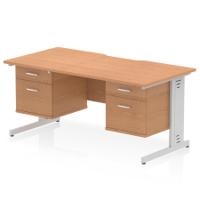 Impulse 1600 x 800mm Scalloped Edge Straight Office Desk Oak Top Silver Cable Managed Leg Workstation 2 x 2 Drawer Fixed Pedestal