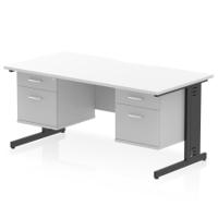 Impulse 1600 x 800mm Scalloped Edge Straight Office Desk White Top Black Cable Managed Leg Workstation 2 x 2 Drawer Fixed Pedestal